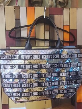 Victoria's Secret Iridescent Sequin Logo Tote - Black Handles